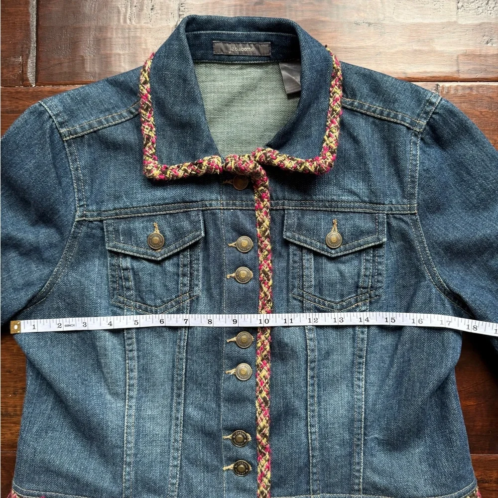 Y2K Liz Claiborne Denim Jean Jacket with Pink Tweed Trim - Picture 5 of 8